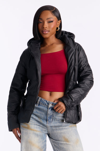 City Nights Faux Leather Puffer Jacket - Black