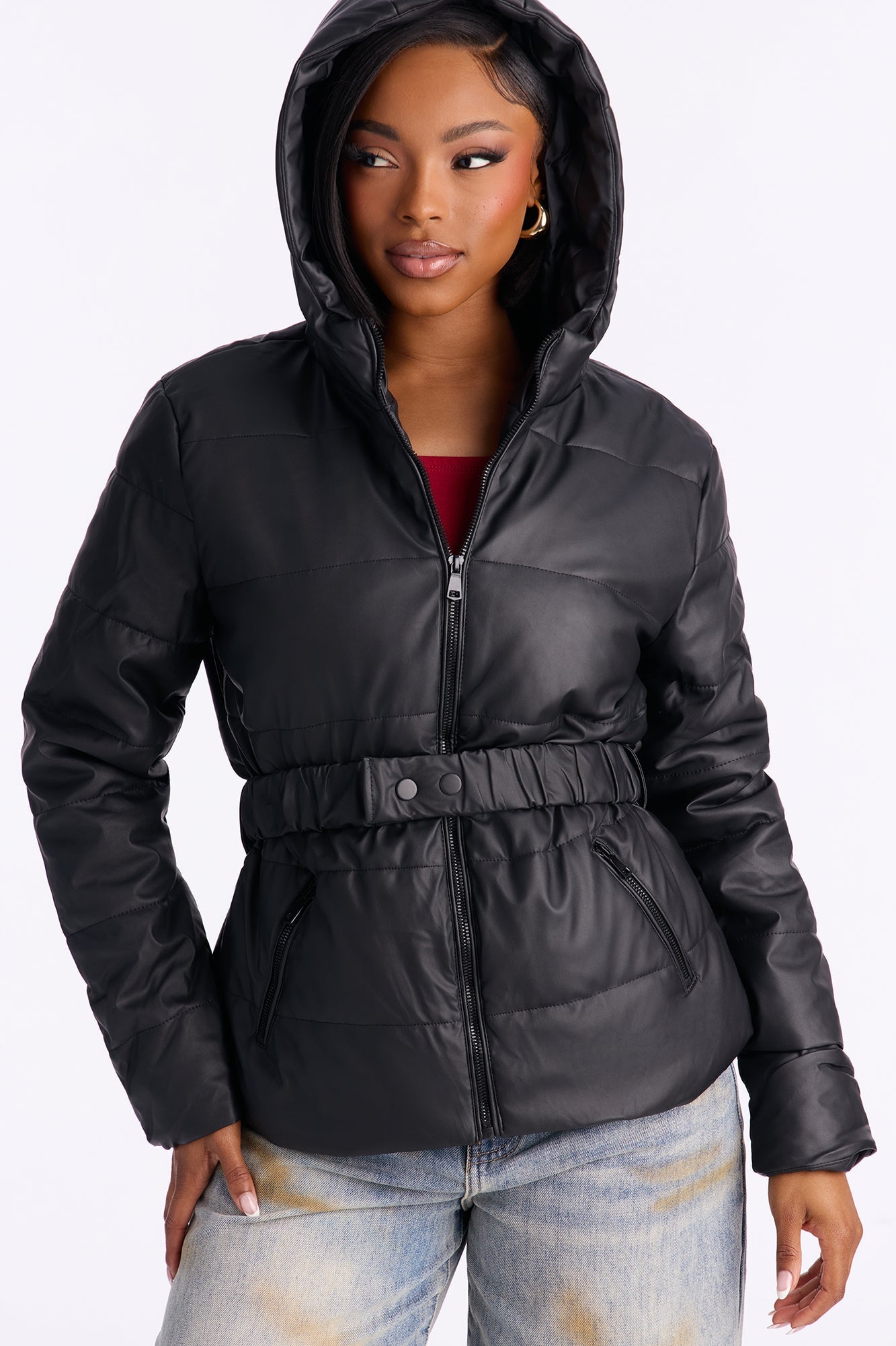 City Nights Faux Leather Puffer Jacket - Black