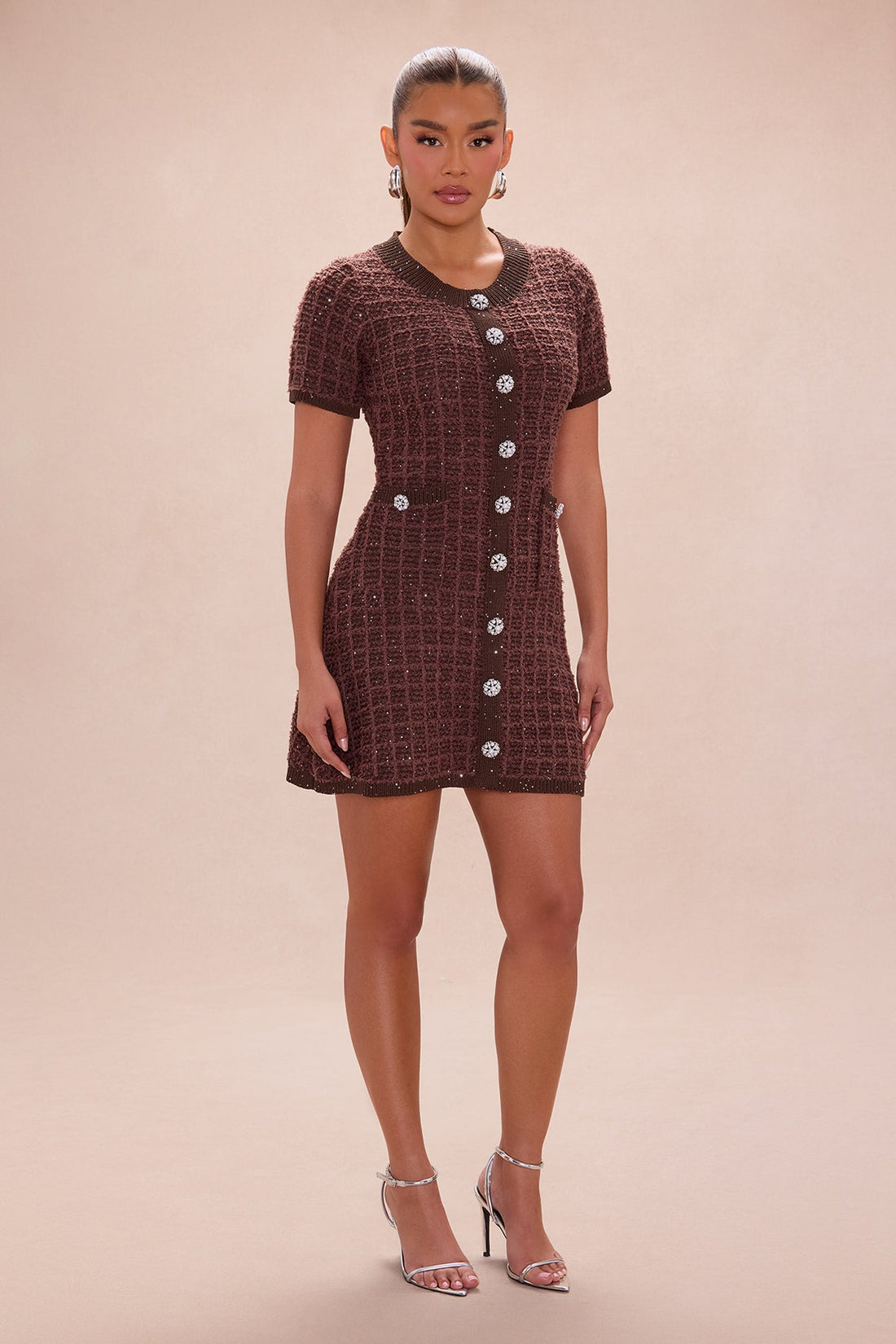 As If A Line Embellished Tweed Mini Dress - Chocolate