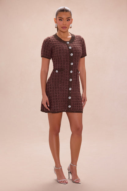 As If A Line Embellished Tweed Mini Dress - Chocolate