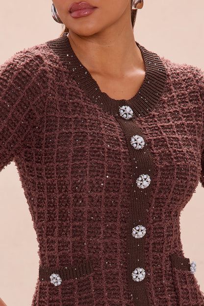 As If A Line Embellished Tweed Mini Dress - Chocolate