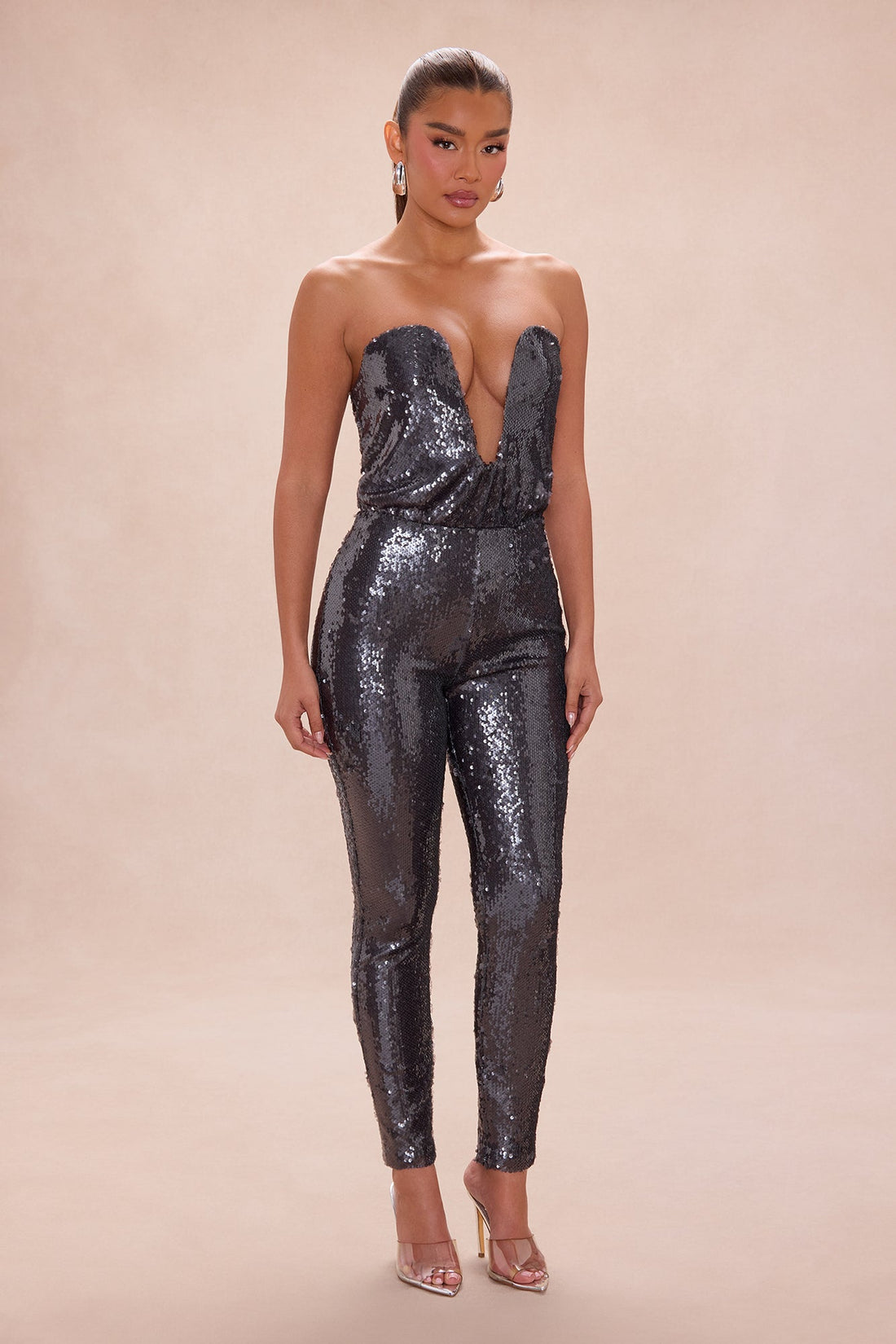 Up All Night Strapless Sequin Jumpsuit - Gunmetal