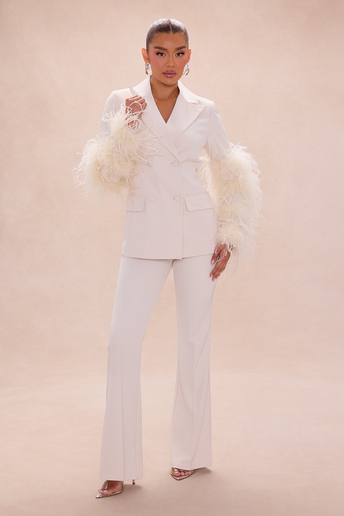 Miranda Feathered Blazer Pant Set - Beige