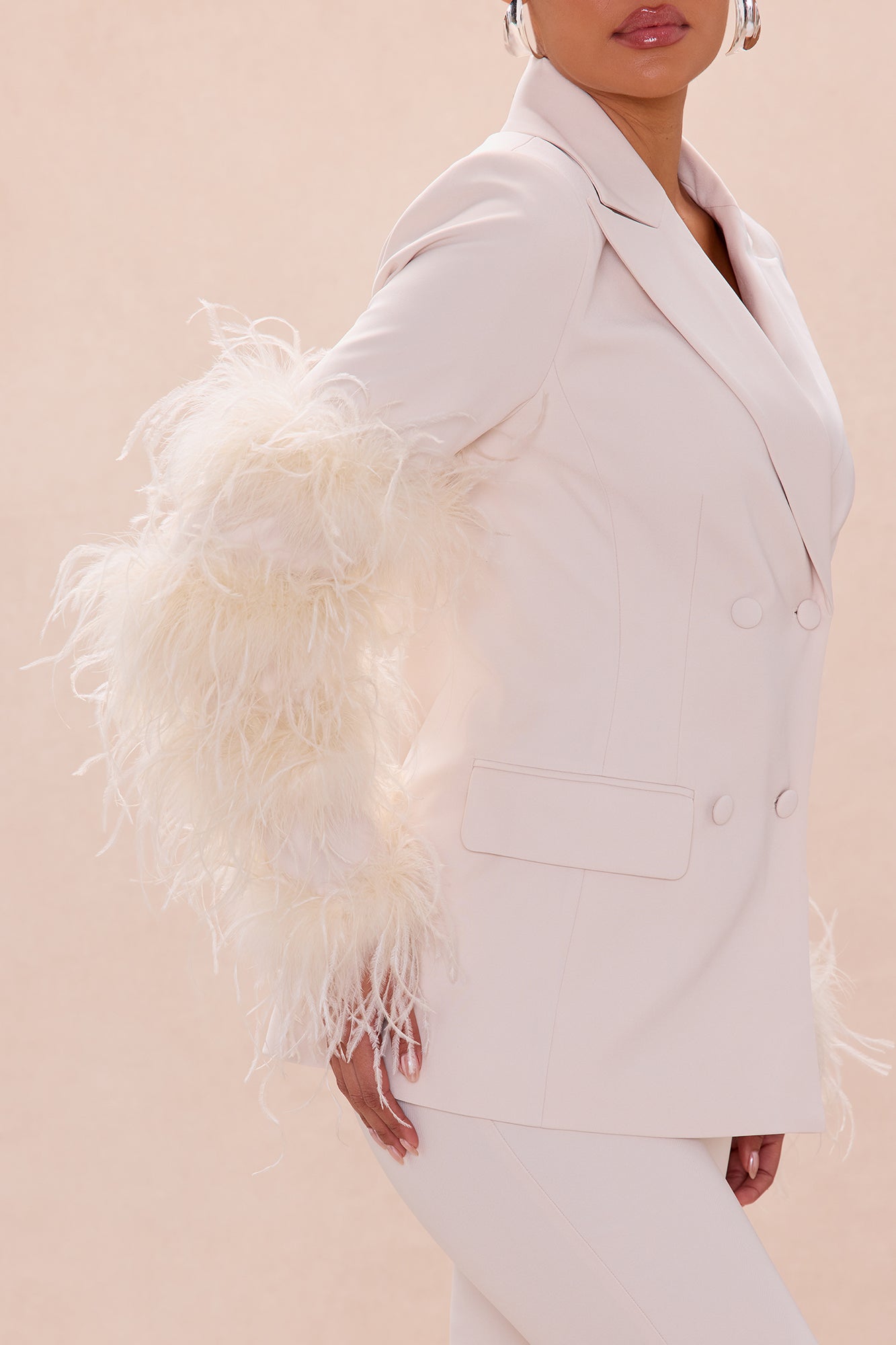 Miranda Feathered Blazer Pant Set - Beige