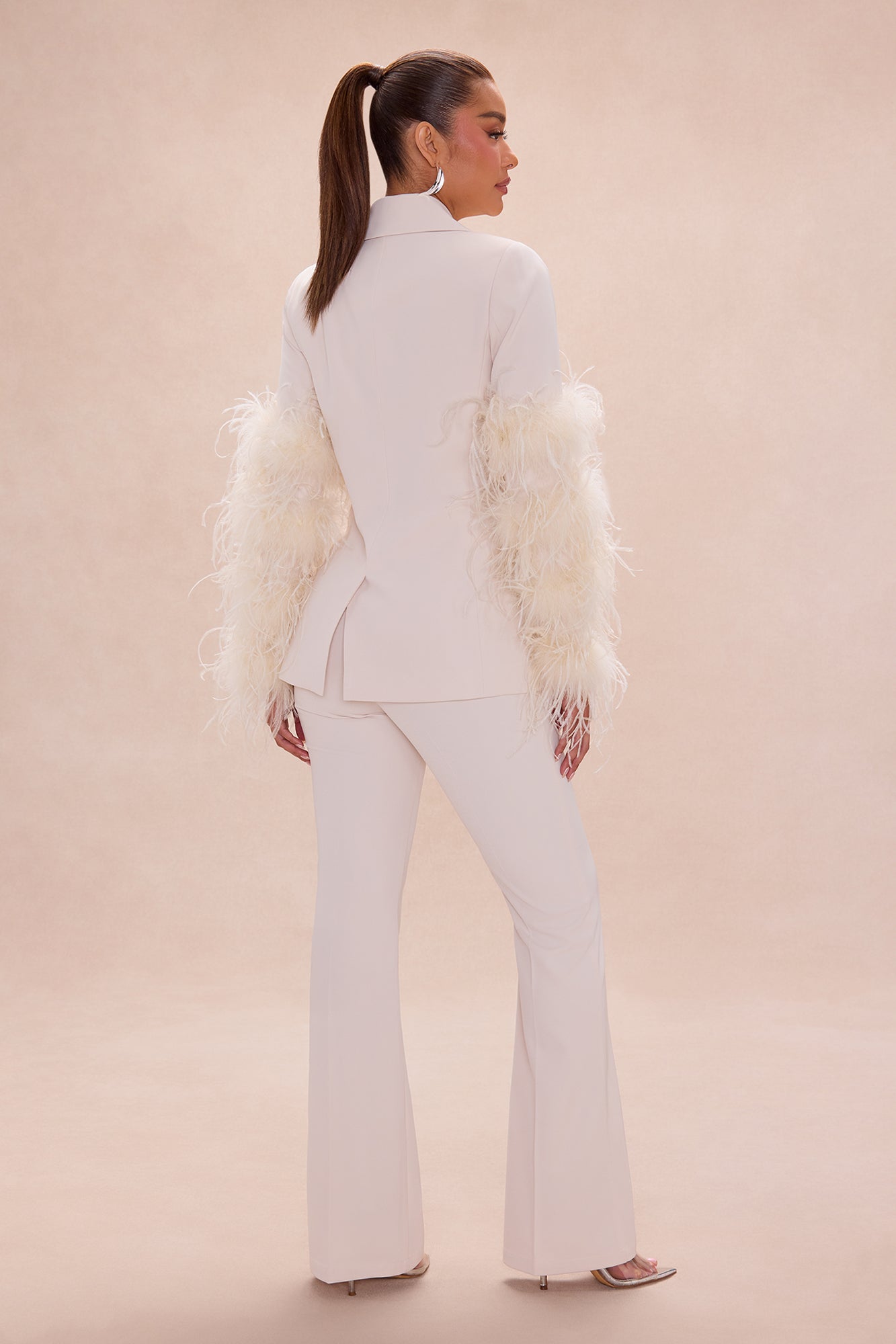 Miranda Feathered Blazer Pant Set - Beige
