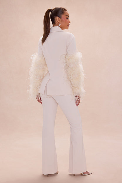 Miranda Feathered Blazer Pant Set - Beige