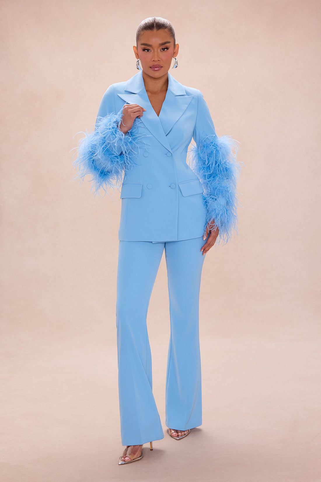 Miranda Feathered Blazer Pant Set - Blue