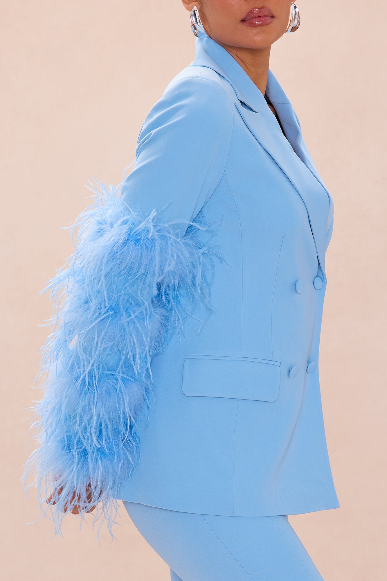 Miranda Feathered Blazer Pant Set - Blue