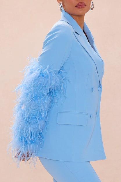 Miranda Feathered Blazer Pant Set - Blue