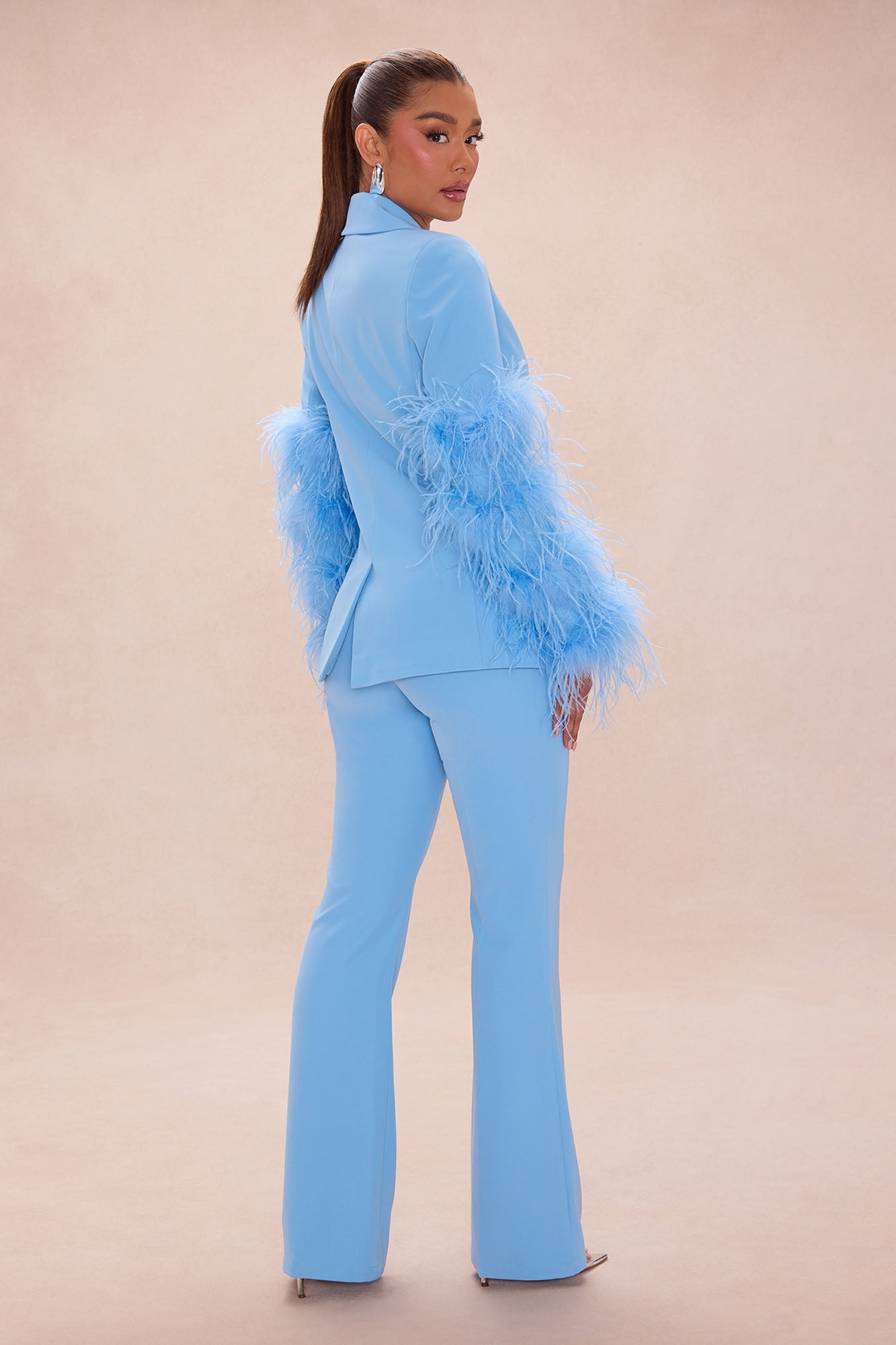 Miranda Feathered Blazer Pant Set - Blue