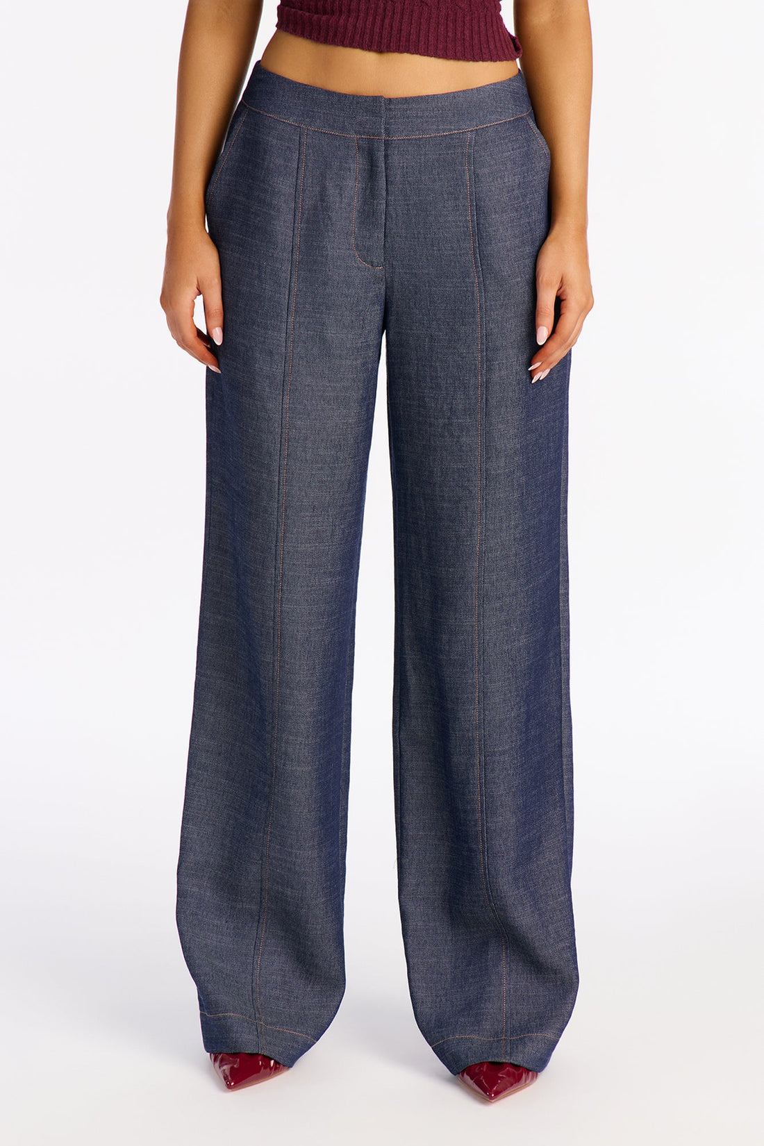 Mid Rise Hustle Wide Leg Chambray Pant 33″ - Dark Wash