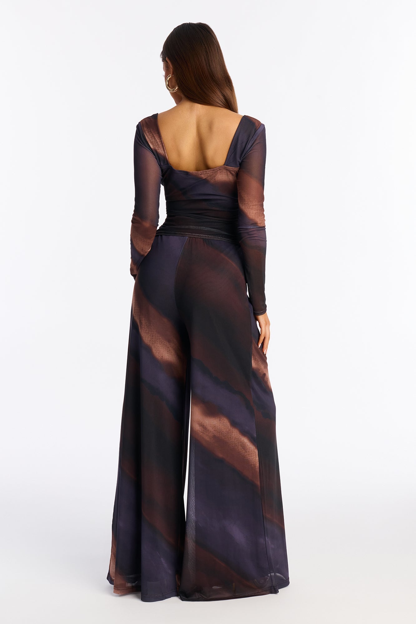 Liana Mesh Tie Neck Top And Wide Leg Pant Set - Brown/combo