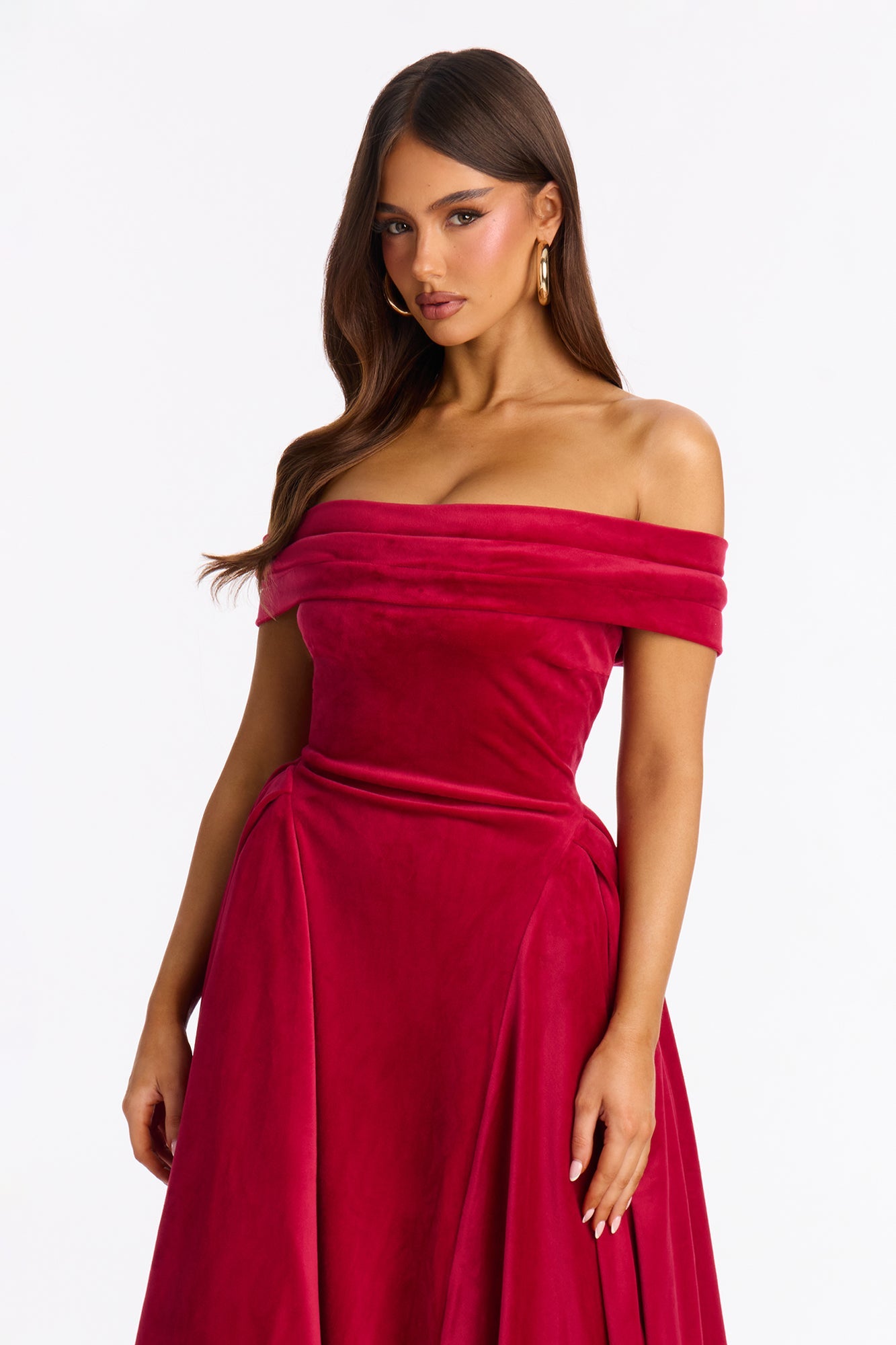 Lillian Pleated Velour Midi Dress - Red