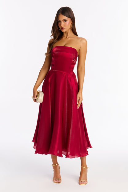 Natasha Strapless Organza Midi Dress - Wine