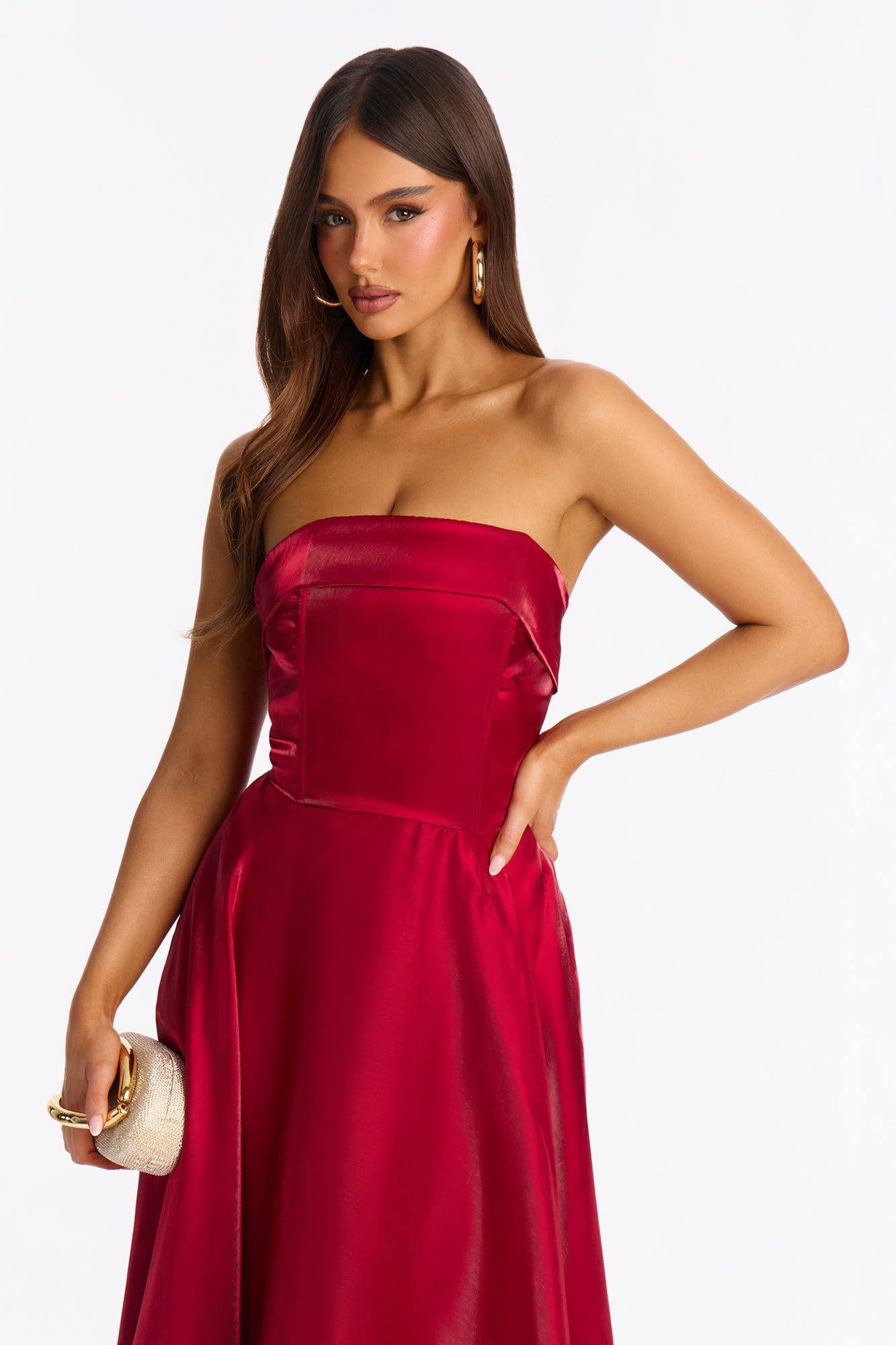 Natasha Strapless Organza Midi Dress - Wine