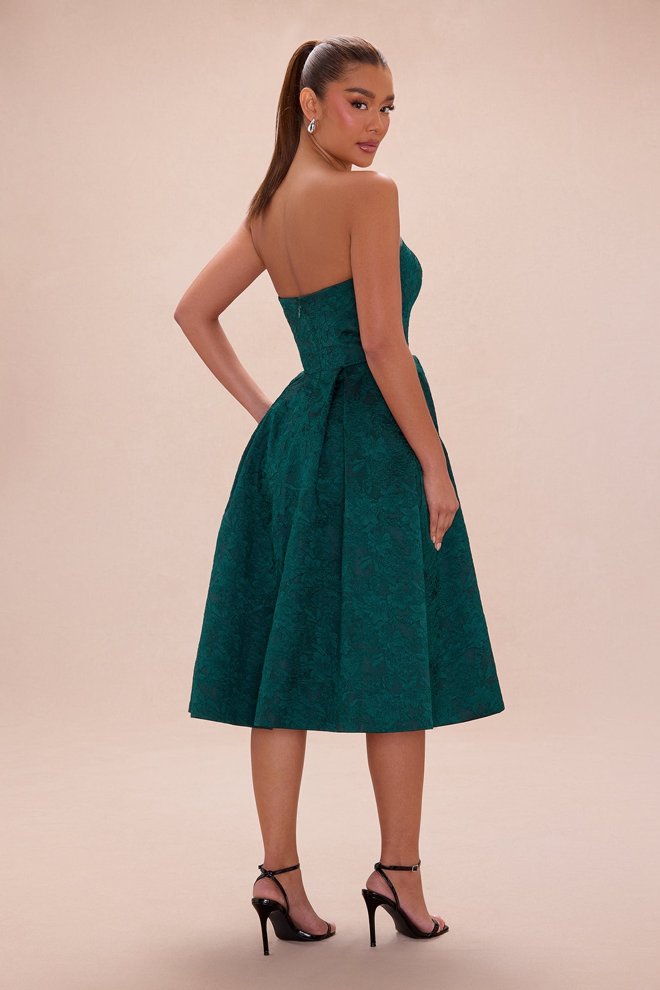 Ashlyn Strapless Jacquard Midi Dress - Hunter