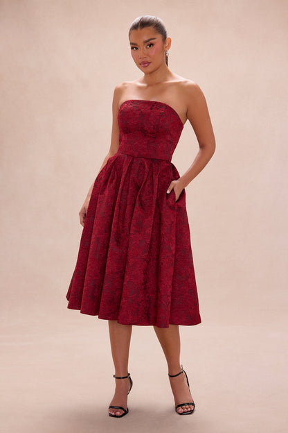 Ashlyn Strapless Jacquard Midi Dress - Wine