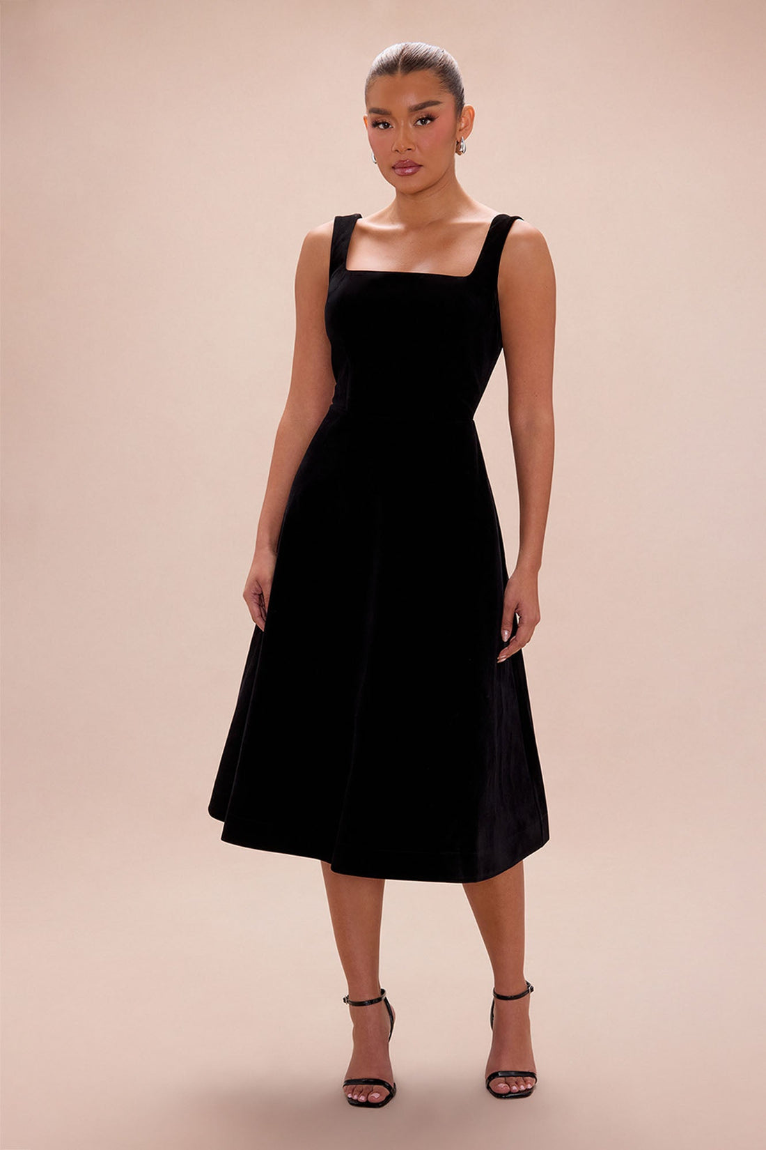 Camilla A Line Velvet Midi Dress - Black
