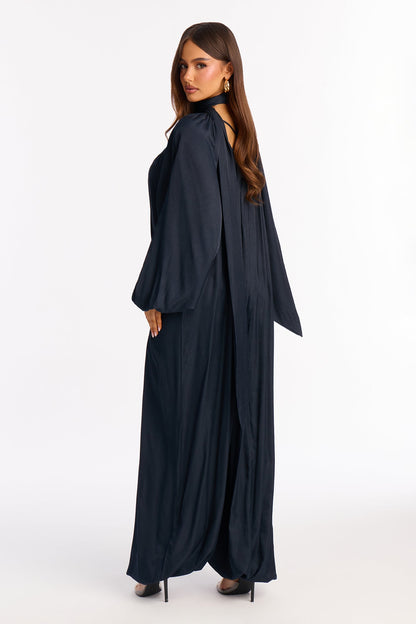 Satin Sips Balloon Wide Leg Jumpsuit - Navy