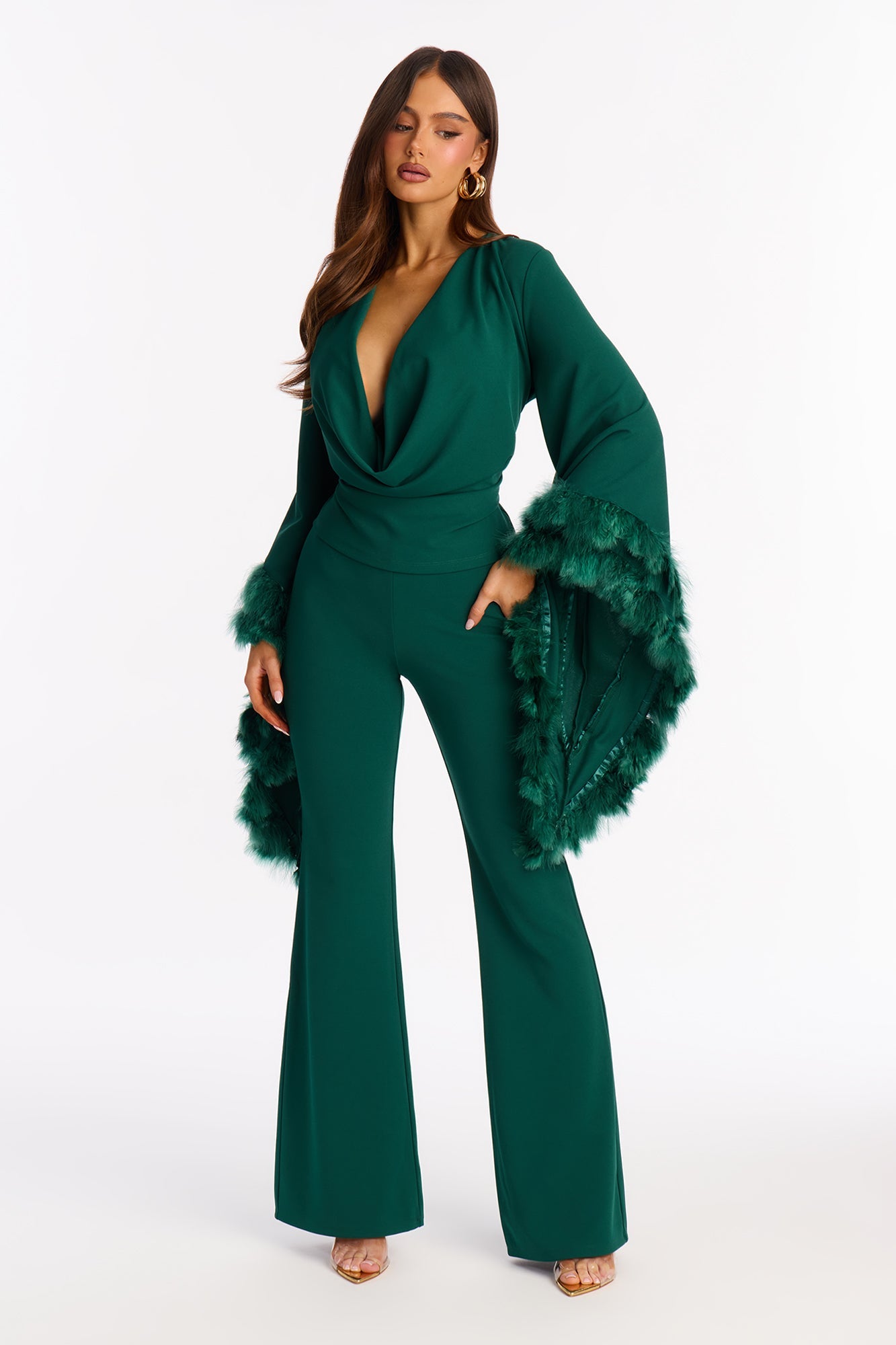 High Maintenance Drama Sleeve Feathered Pant Set - Hunter