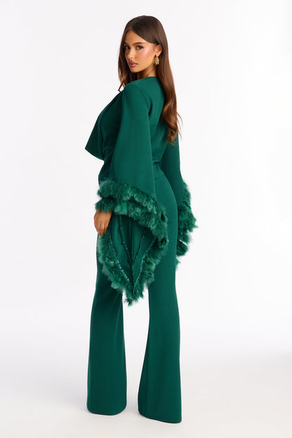 High Maintenance Drama Sleeve Feathered Pant Set - Hunter