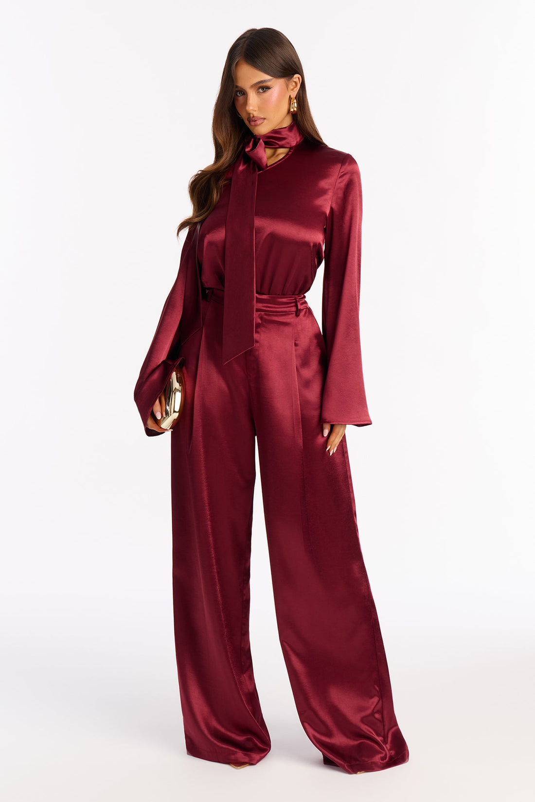 Adeline Satin Tie Neck Bodysuit Pant Set - Burgundy