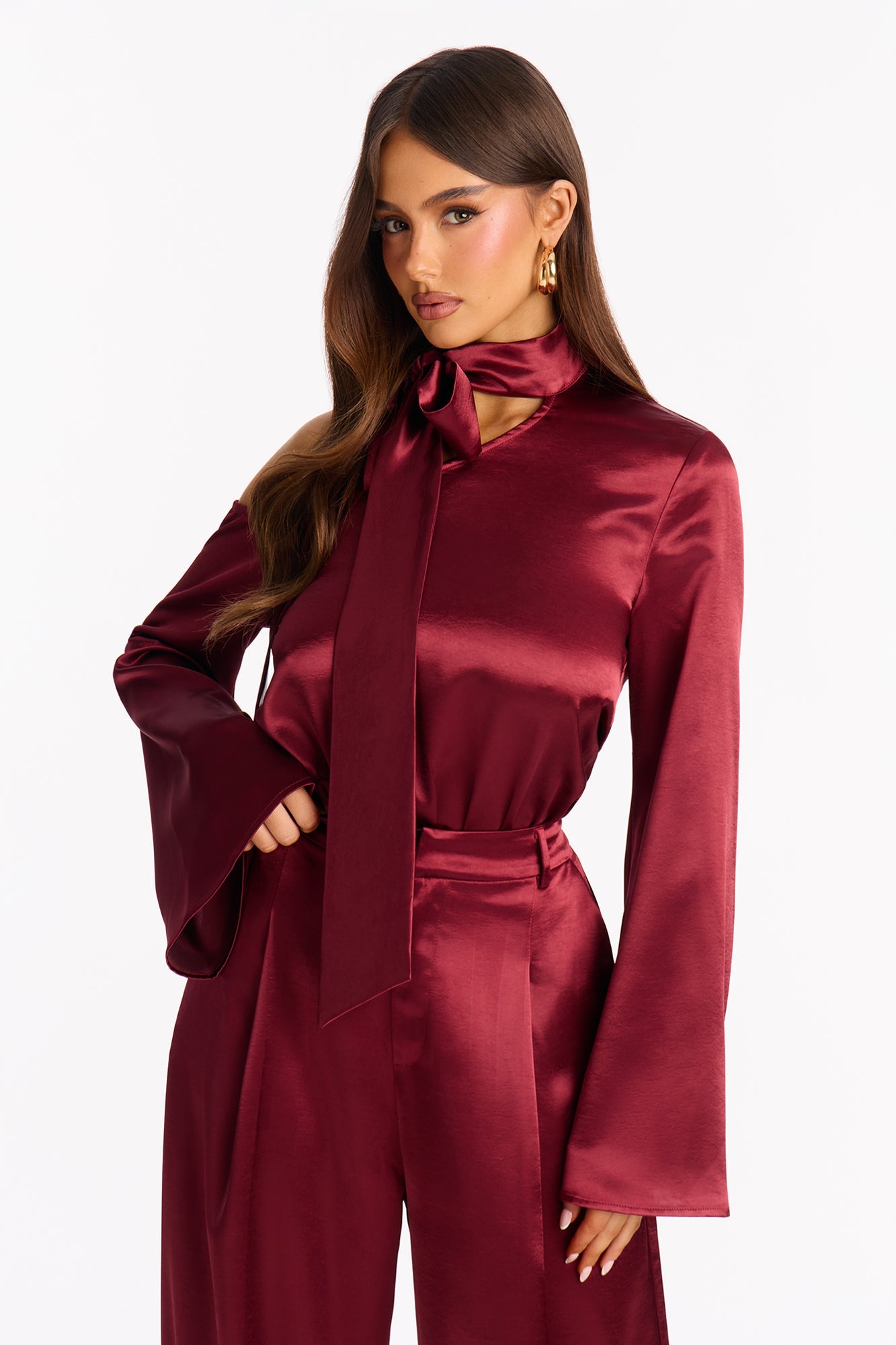 Adeline Satin Tie Neck Bodysuit Pant Set - Burgundy
