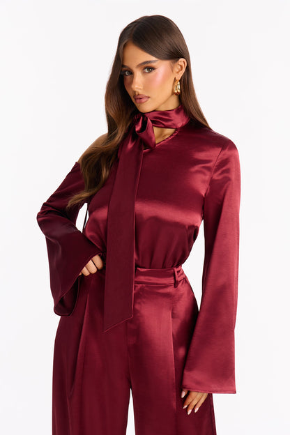 Adeline Satin Tie Neck Bodysuit Pant Set - Burgundy