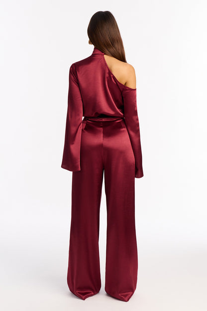 Adeline Satin Tie Neck Bodysuit Pant Set - Burgundy
