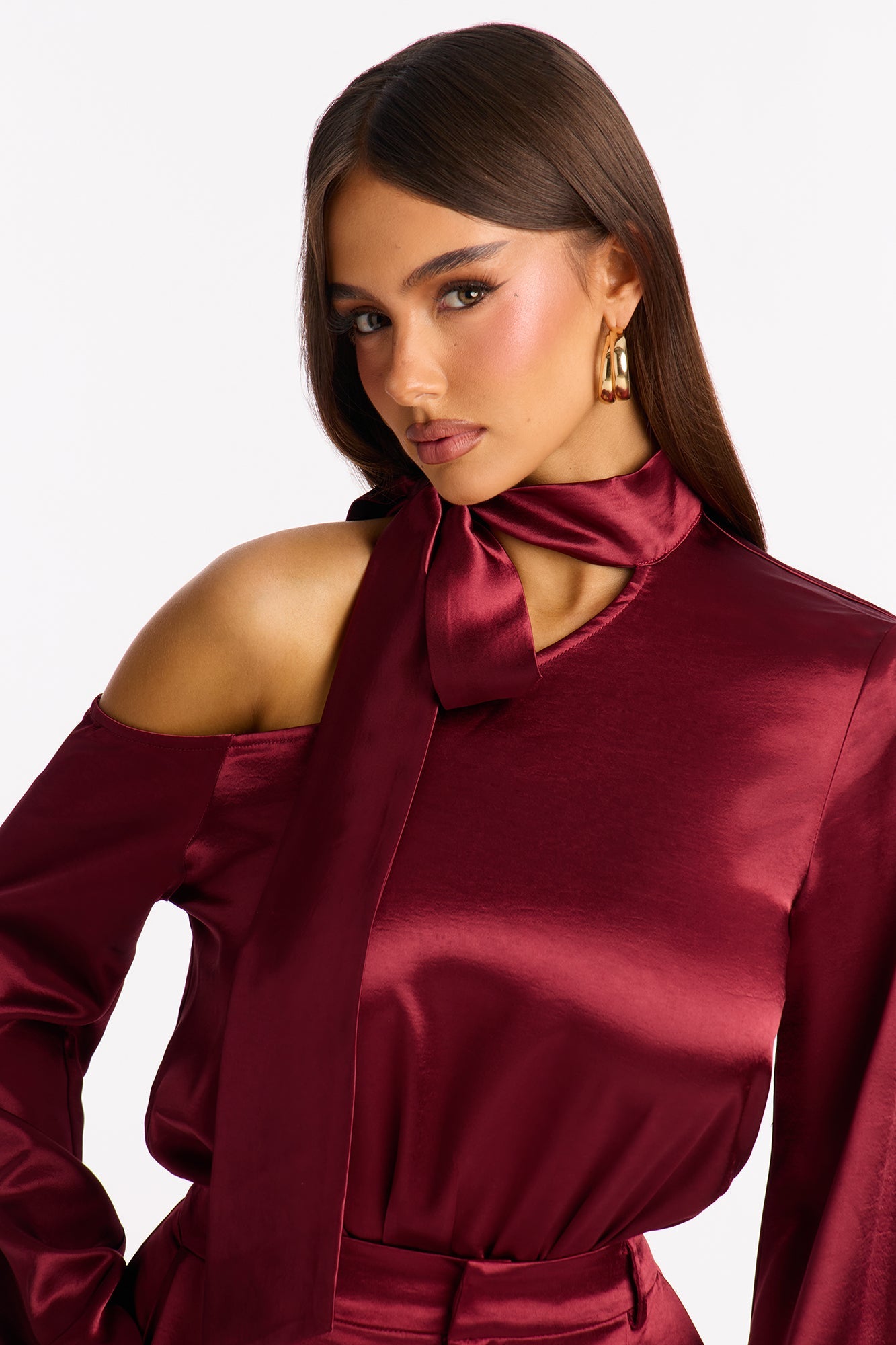 Adeline Satin Tie Neck Bodysuit Pant Set - Burgundy