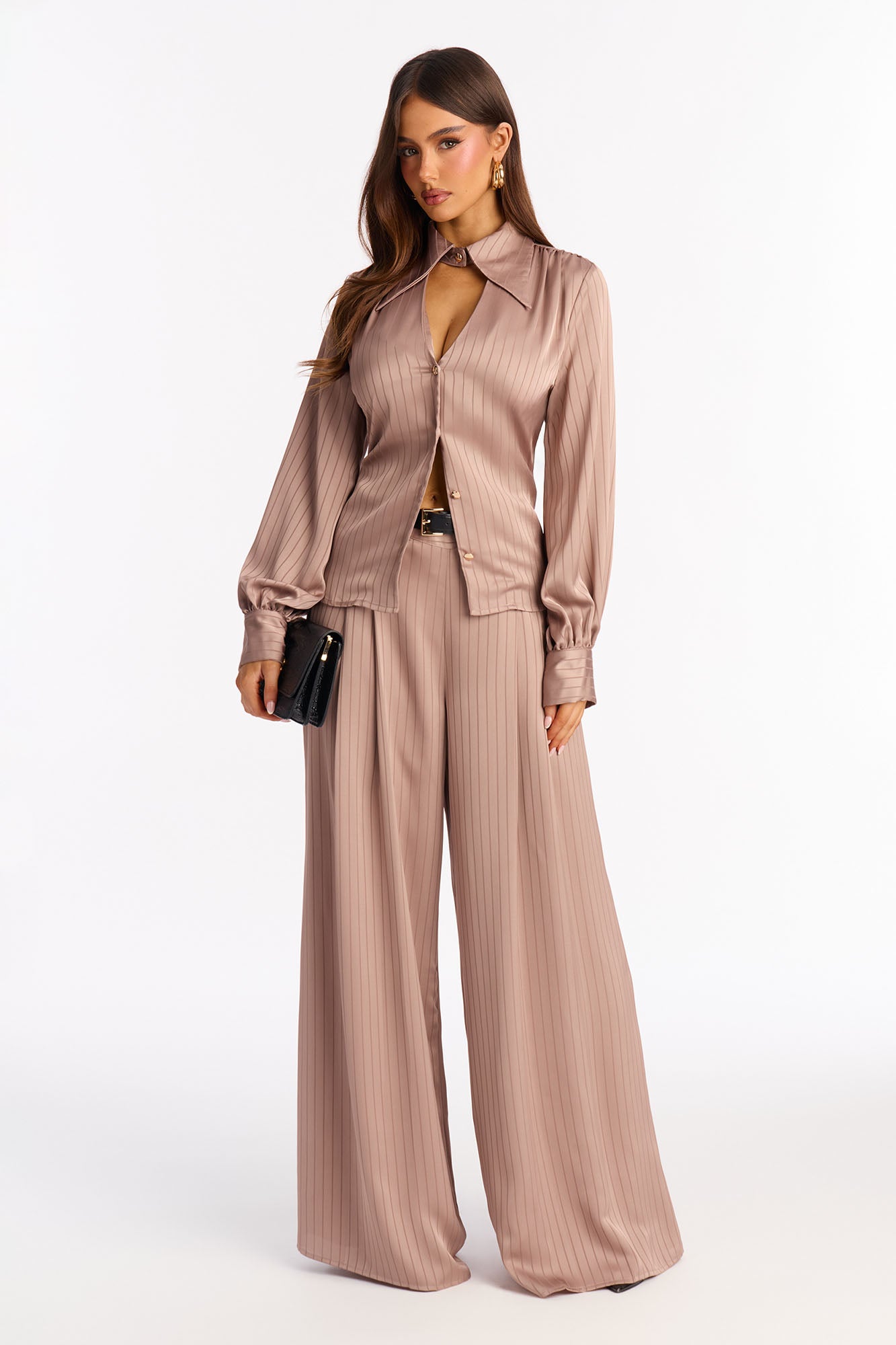 Emma Satin Pinstripe Pant Set - Taupe