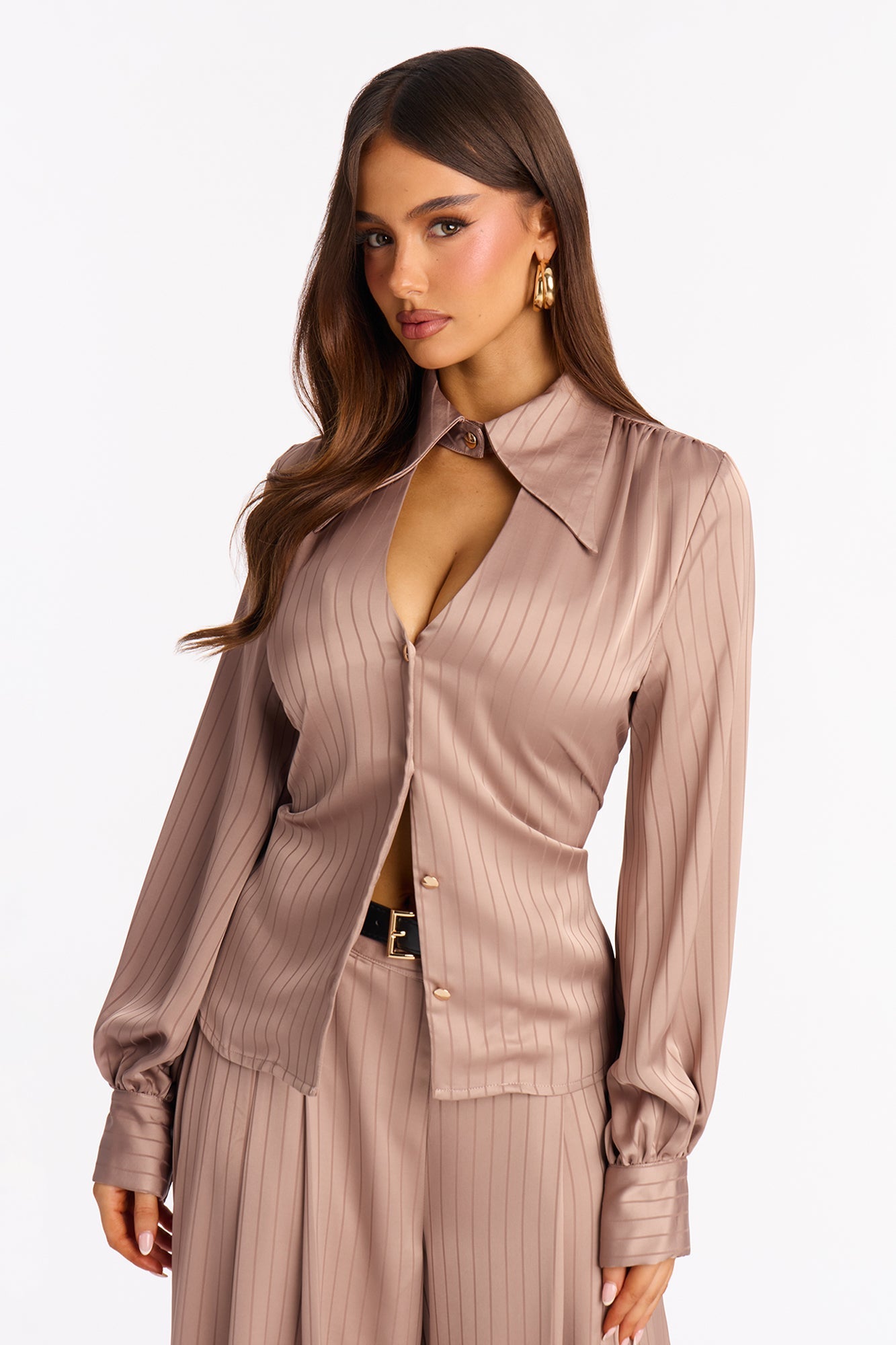 Emma Satin Pinstripe Pant Set - Taupe