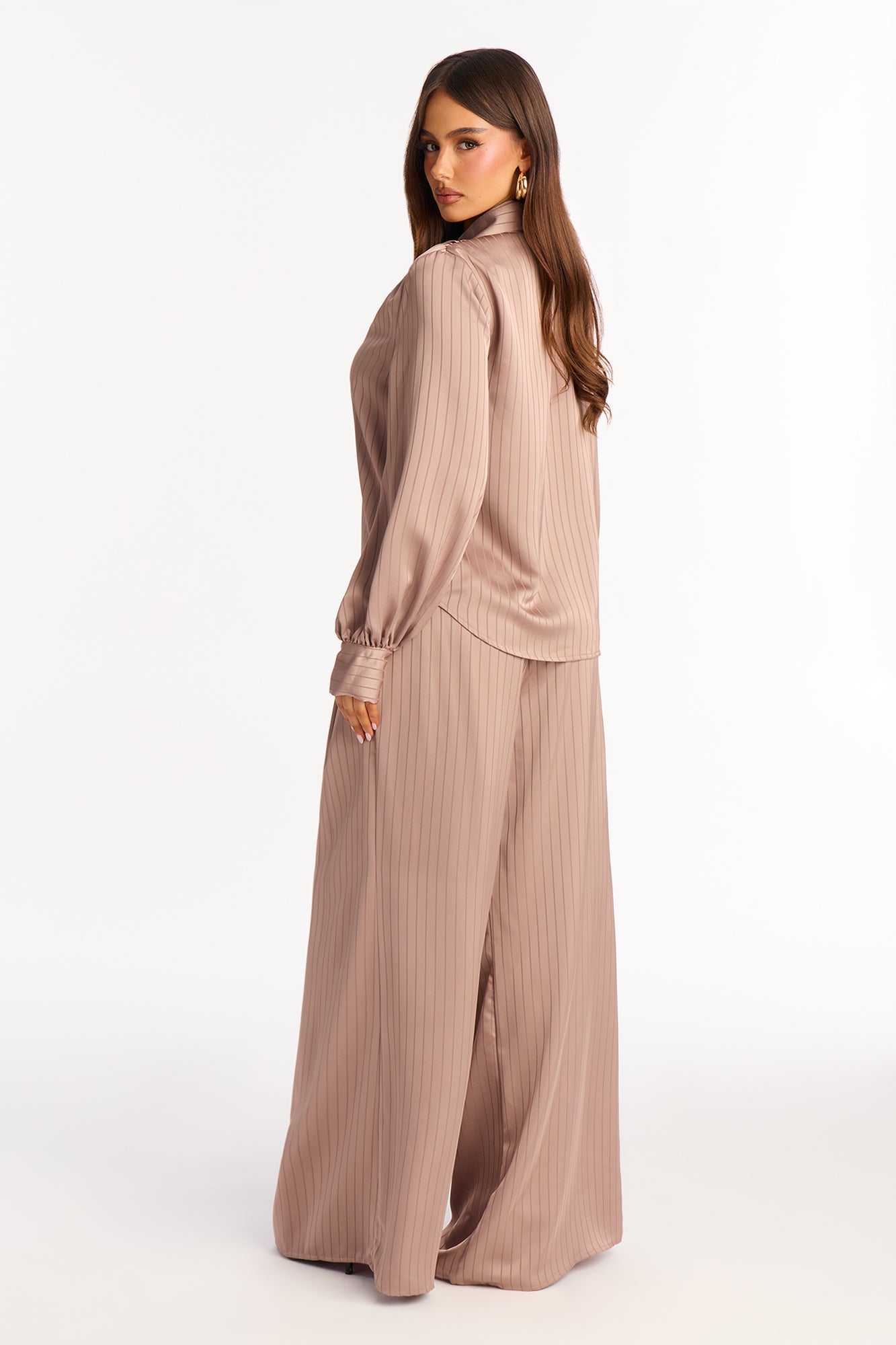 Emma Satin Pinstripe Pant Set - Taupe