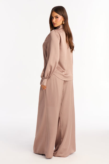 Emma Satin Pinstripe Pant Set - Taupe