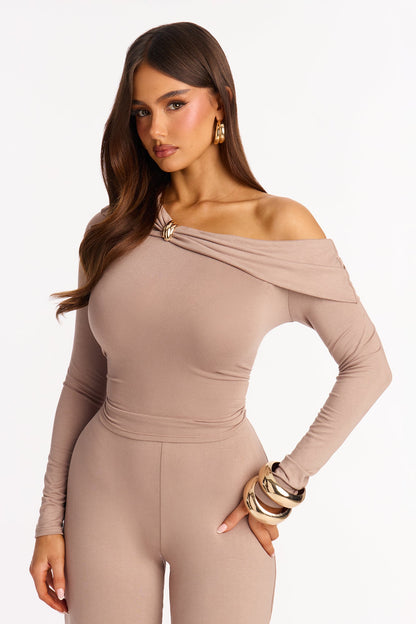 Valerie Off Shoulder Wide Leg Pant Set - Mocha