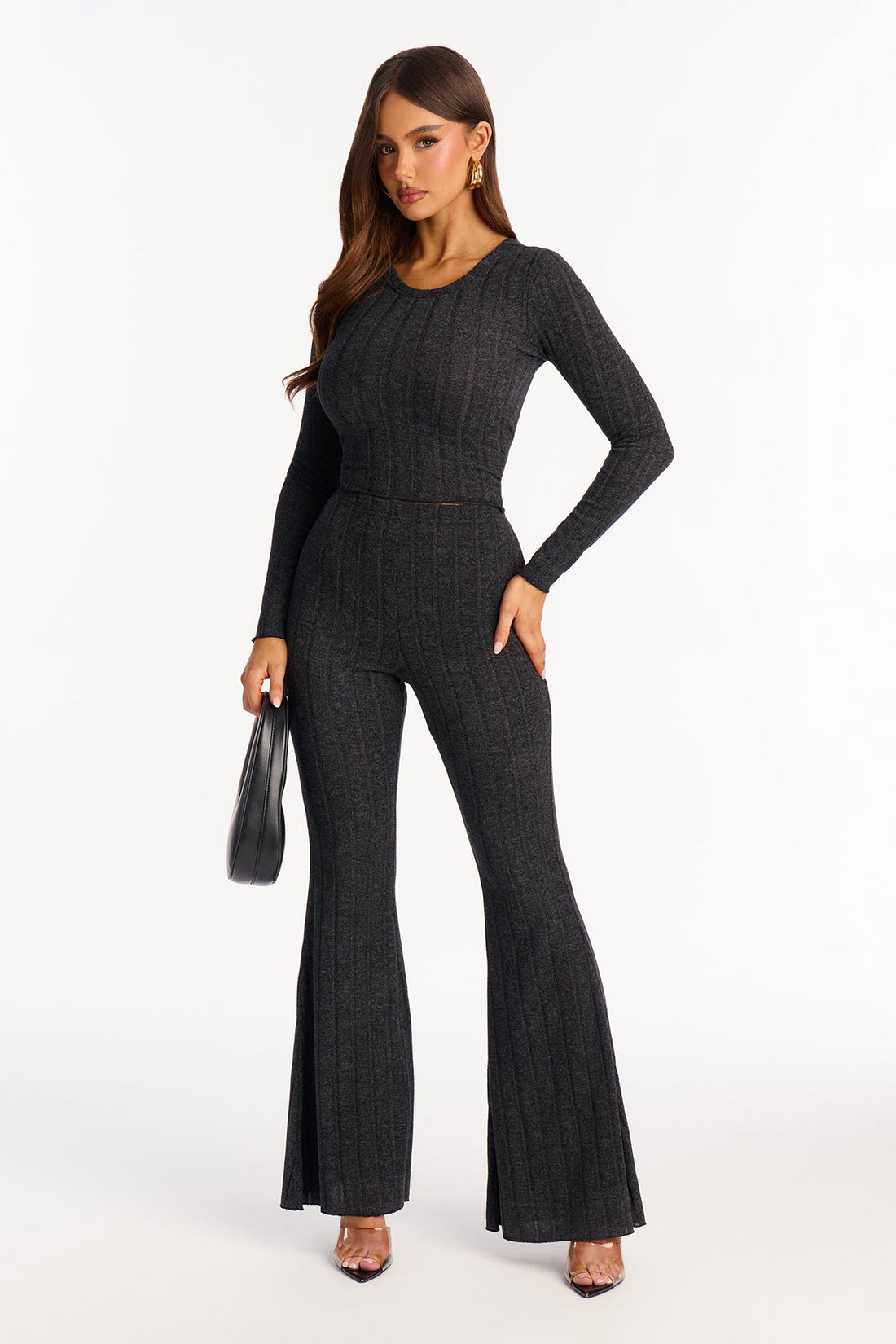 Just Because Ribbed Hacci Flare Pant Set - Black
