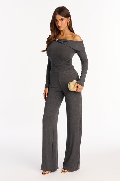 Valerie Off Shoulder Wide Leg Pant Set - Charcoal