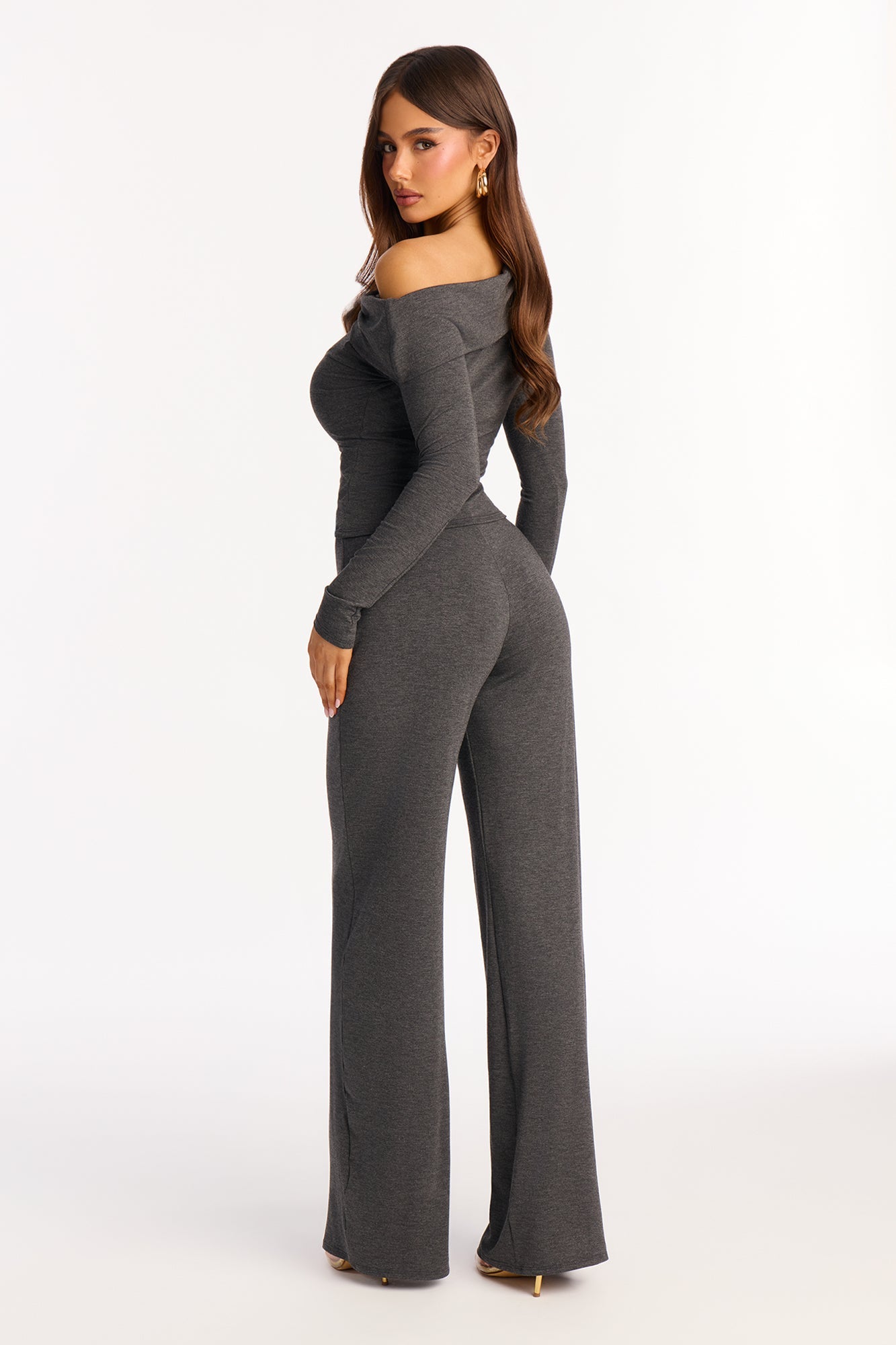 Valerie Off Shoulder Wide Leg Pant Set - Charcoal