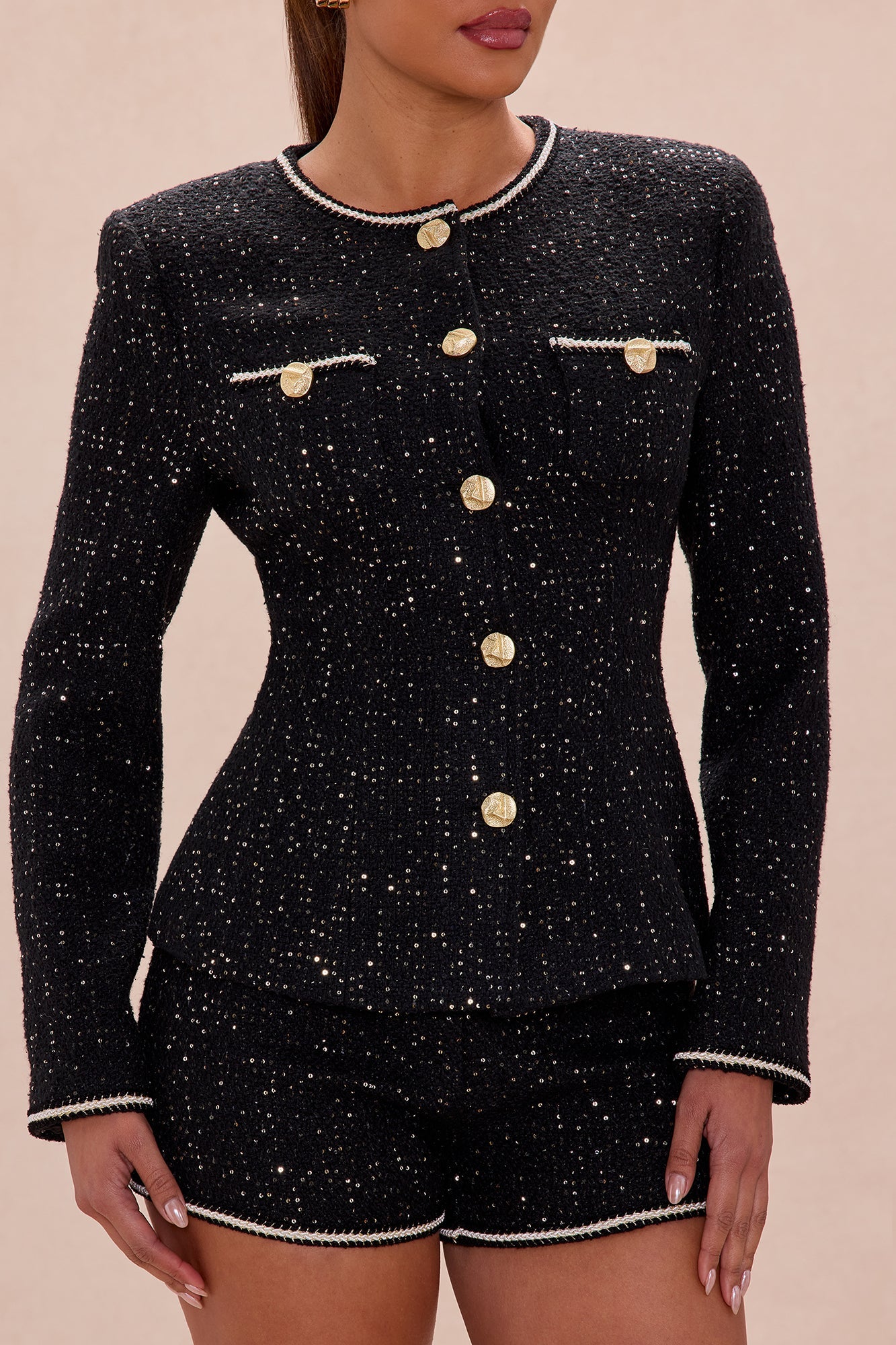 Livy Sequin Tweed Short Set - Black