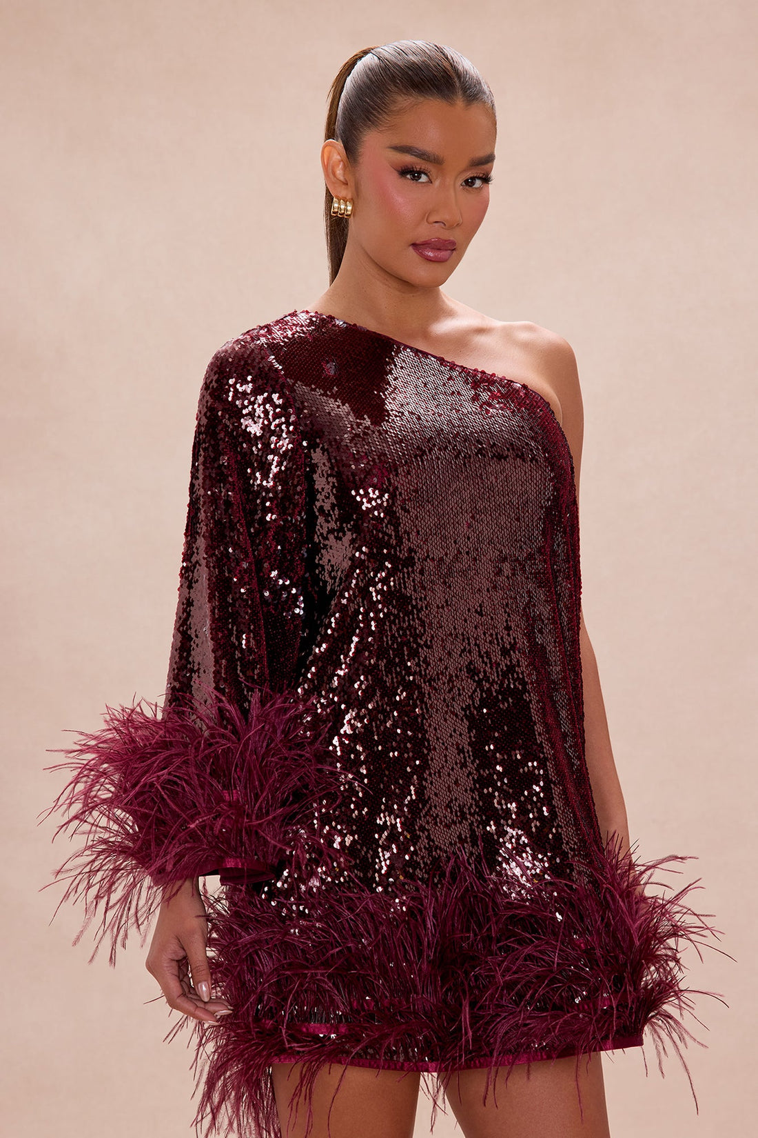 Robyn Sequin Feathered Mini Dress - Burgundy