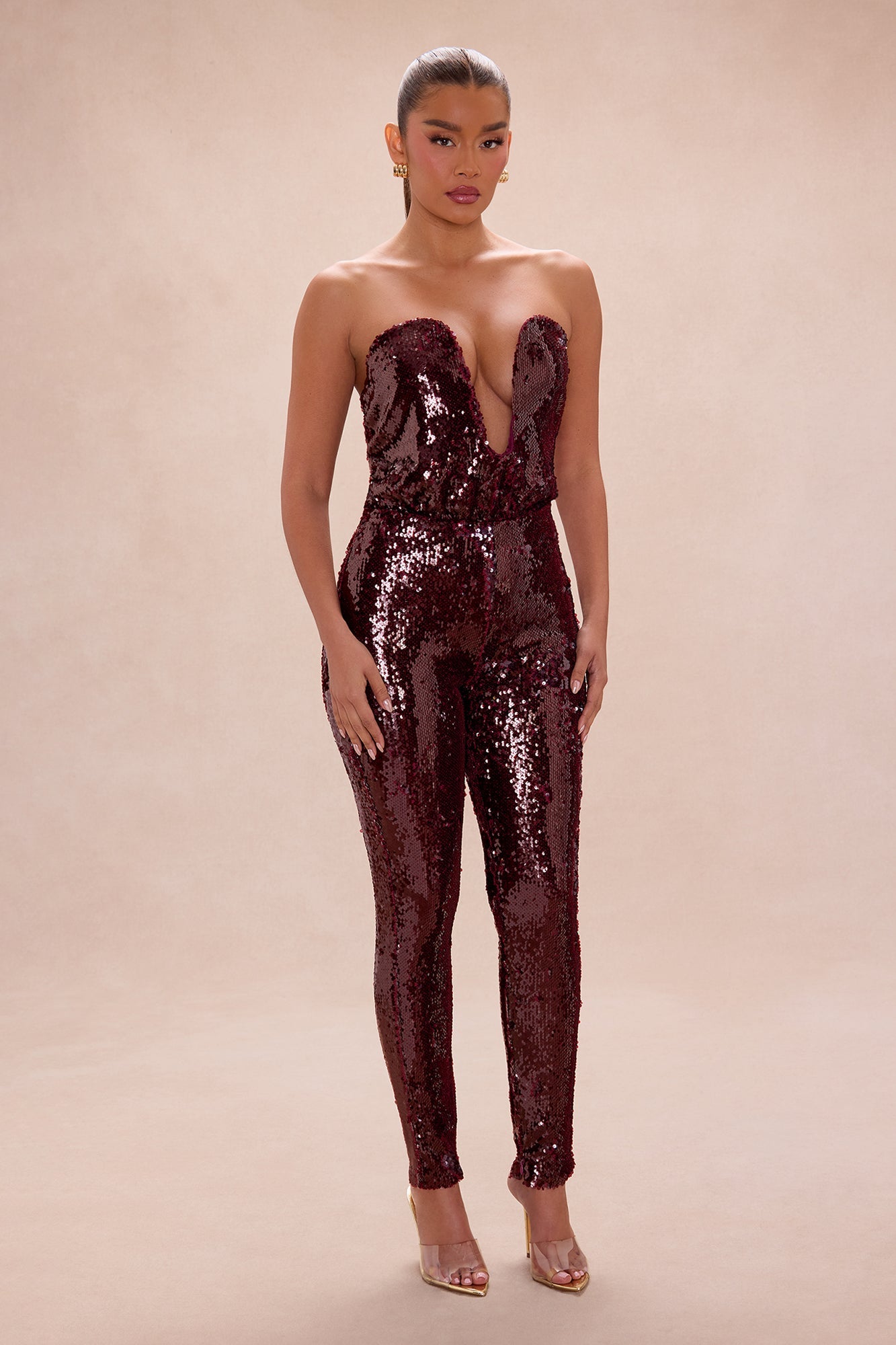 Up All Night Strapless Sequin Jumpsuit - Wine