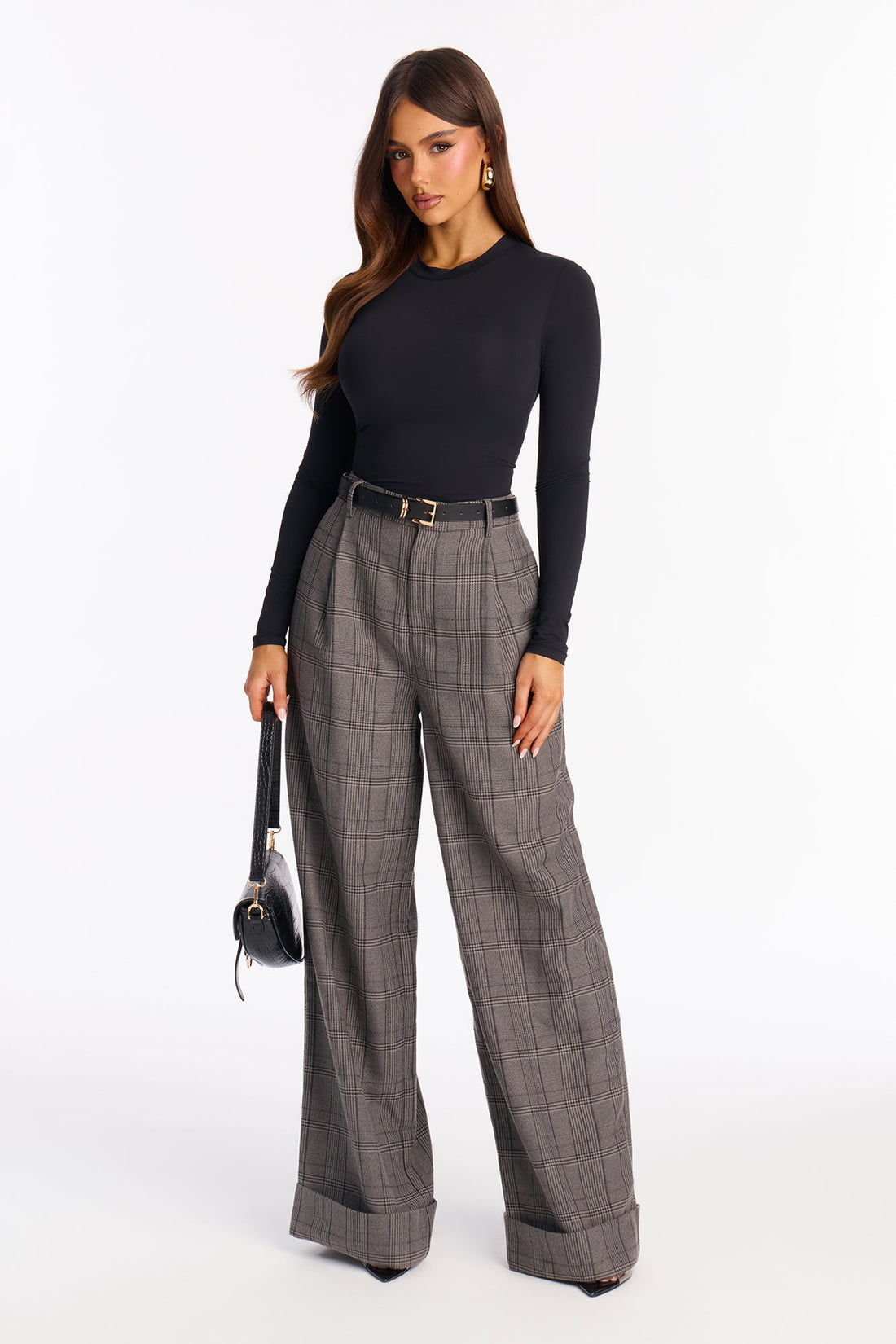 Claudette Cuffed Plaid Trousers - Charcoal