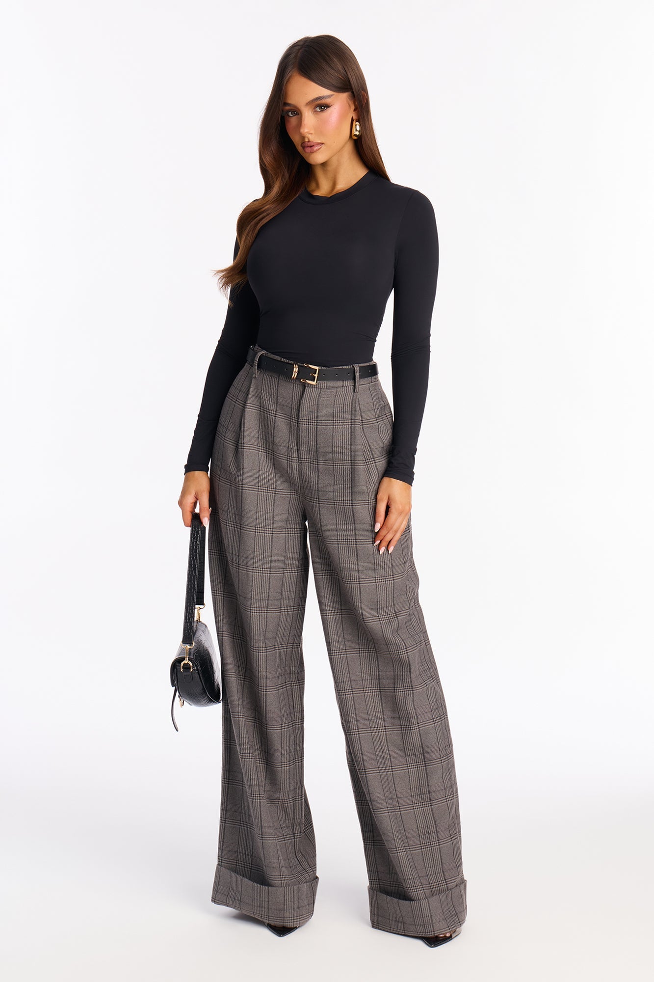 Claudette Cuffed Plaid Trousers - Charcoal