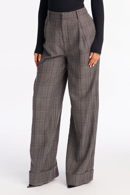 Claudette Cuffed Plaid Trousers - Charcoal