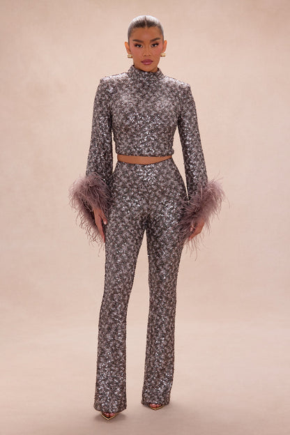 Opal Dreams Feathered Sequin Pant Set - Chocolate