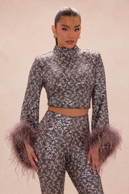Opal Dreams Feathered Sequin Pant Set - Chocolate