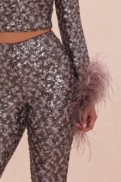 Opal Dreams Feathered Sequin Pant Set - Chocolate