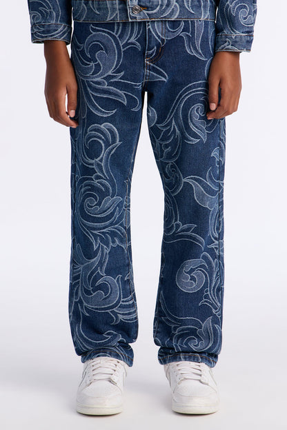 Mini Straight Baroque Jacquard Jean - Medium Blue Wash