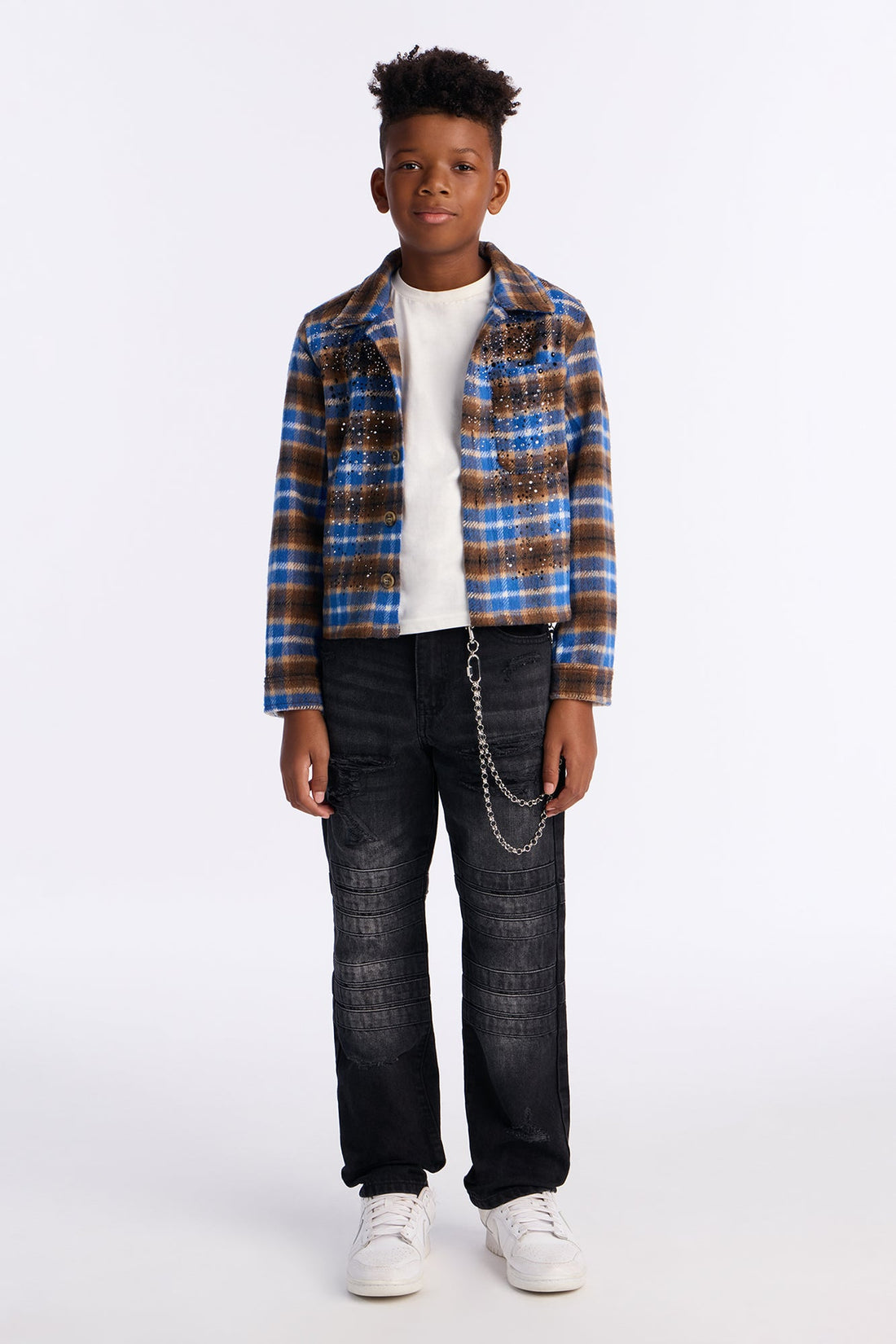 Mini Jeweled Plaid Long Sleeve Button Up Shirt - Navy