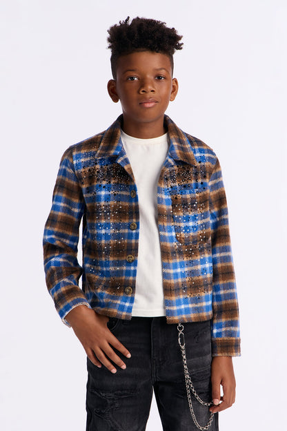 Mini Jeweled Plaid Long Sleeve Button Up Shirt - Navy